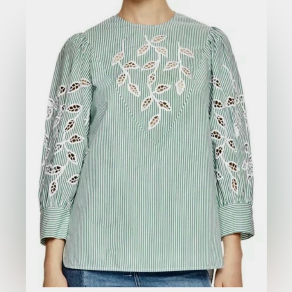 Sandro Paris Pullover Blouse Cotton Green Stripes Embroidered Leaves White Sz. M